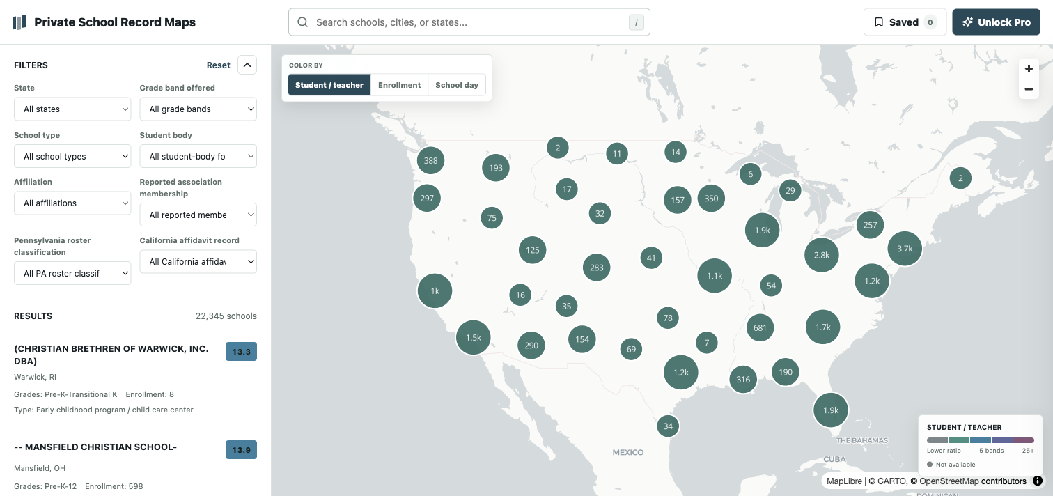 National private school explorer colored by enrollment and staffing fields